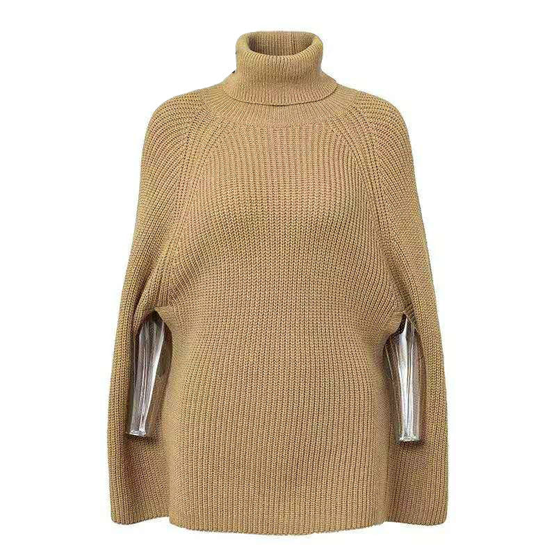 Solid Color High Neck Shawl Knitted Sweater Women