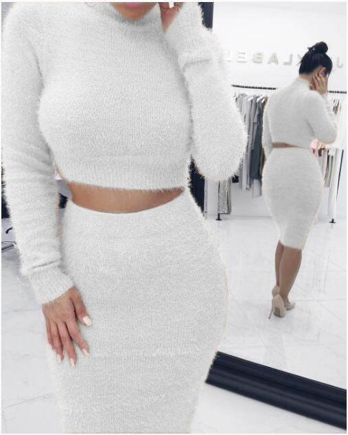 Fashion solid color long sleeve women's autumn and winter two-piece sweater