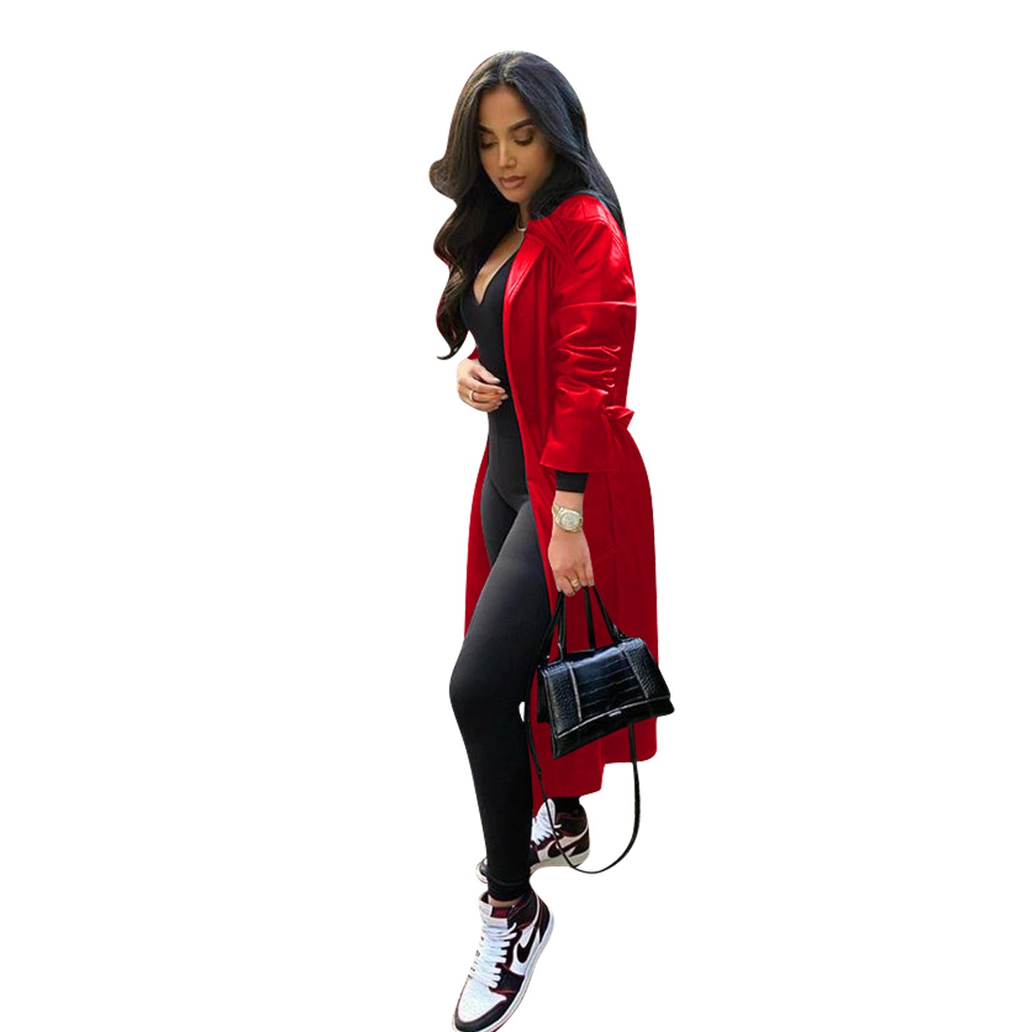 Pure Color Pu Leather Lapel Windbreaker Jacket