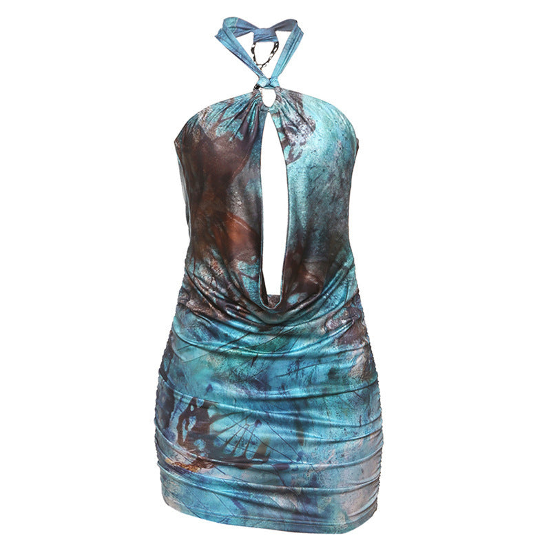 Halter Low-cut Navel Print Slim Fit Dress