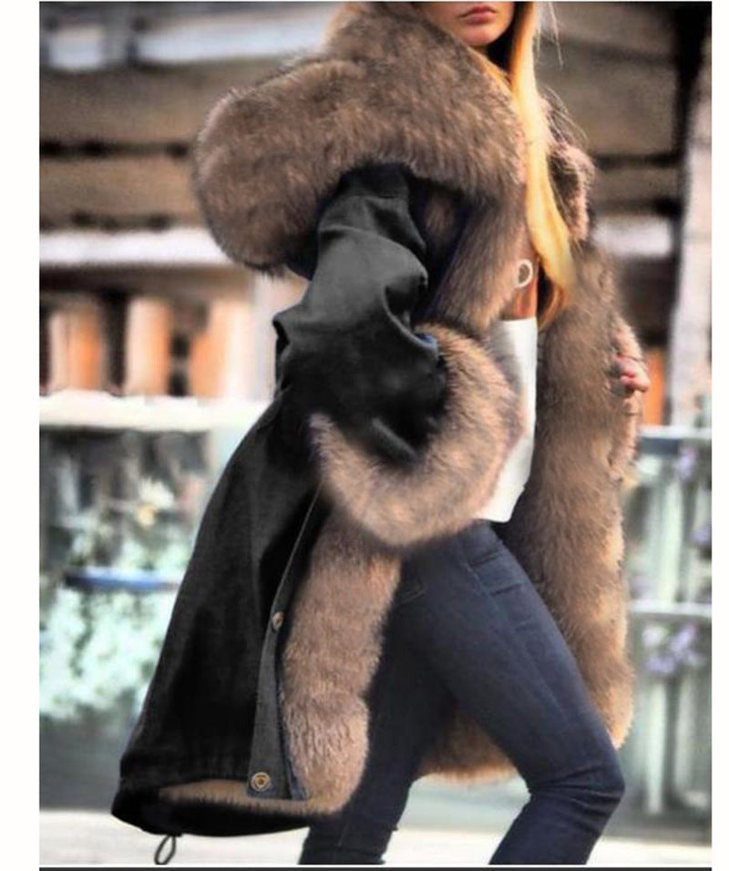 Faux crystal fox fur collar fur collar hooded jacket