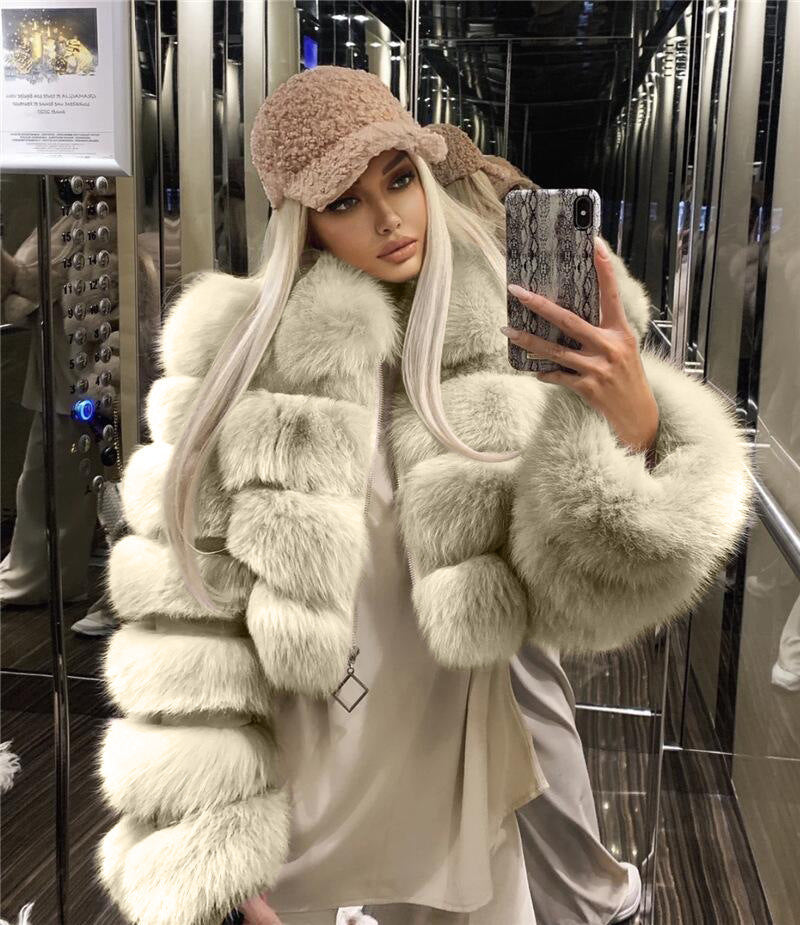 Lapel Imitation Fox Fur Long Sleeve Stitching Women's Light Luxury