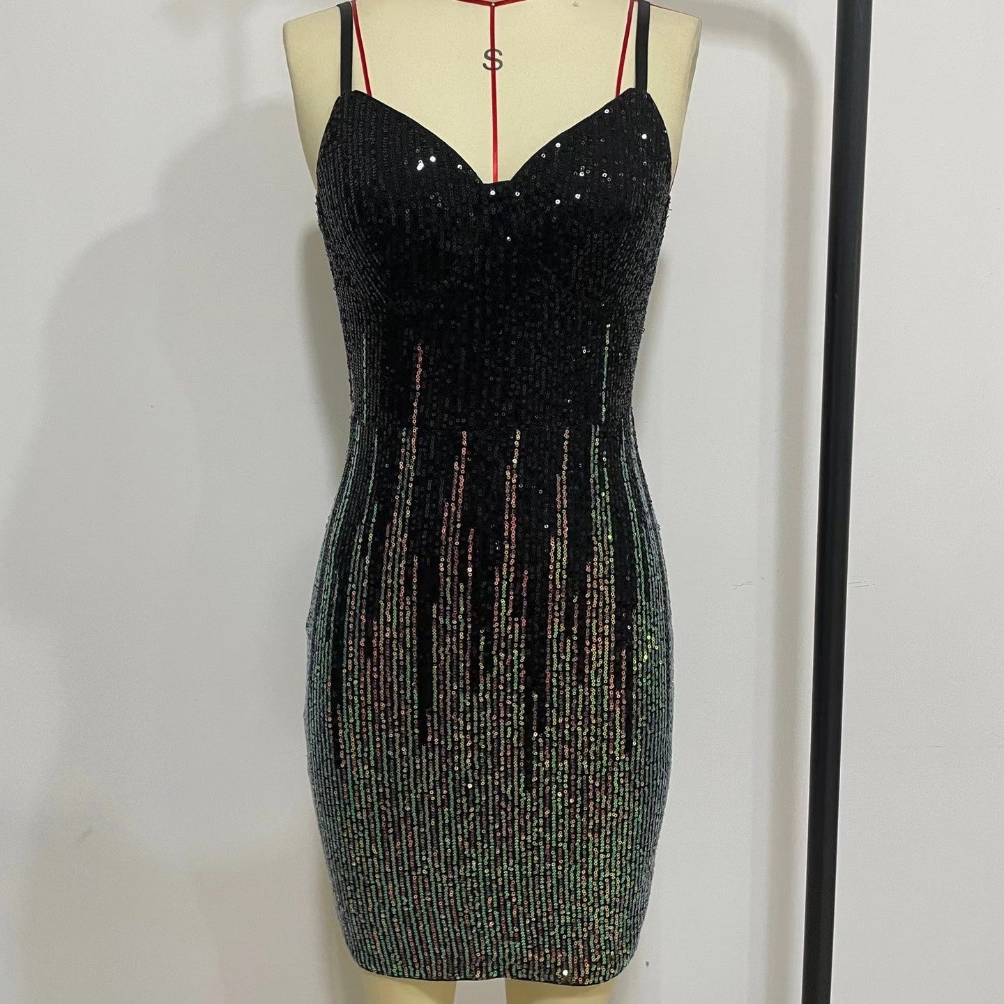 Hem Colored Beads Slim Strap Backless Dress