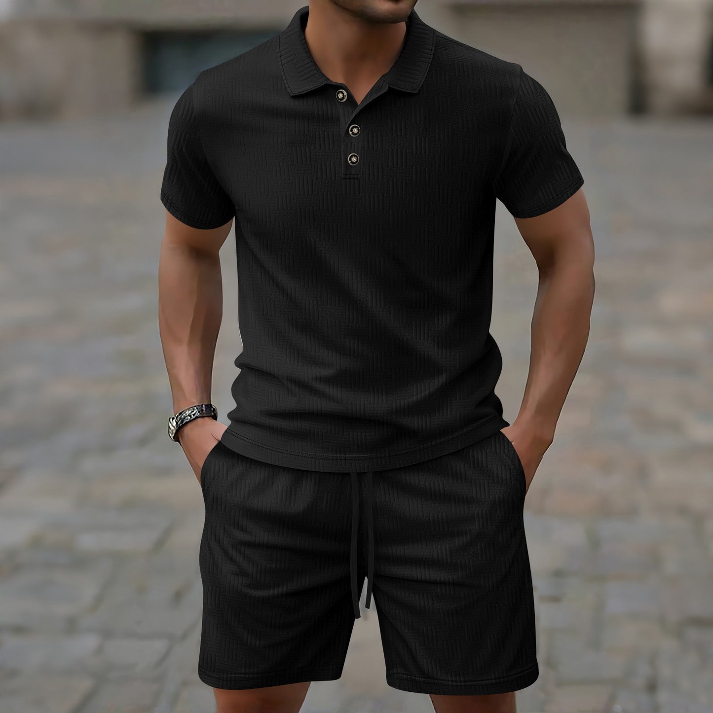 Men's Solid Color Jacquard Casual Short Sleeve Suit