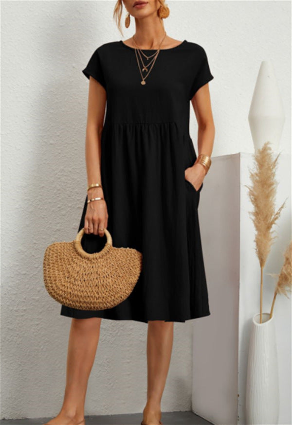 Summer OL Style Women's Solid Color Cotton Round Neck A-line Skirt Mid Length Dress