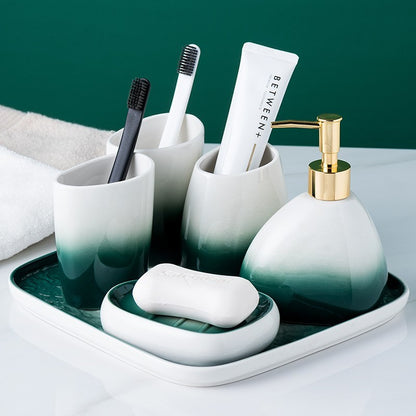 Washing suit couple brushing teeth and mouthwash cup