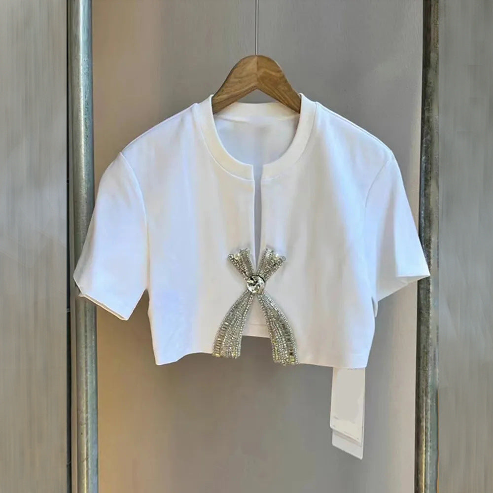 Fashion Simple Rhinestone Bow Short Sleeve T-shirt For Women