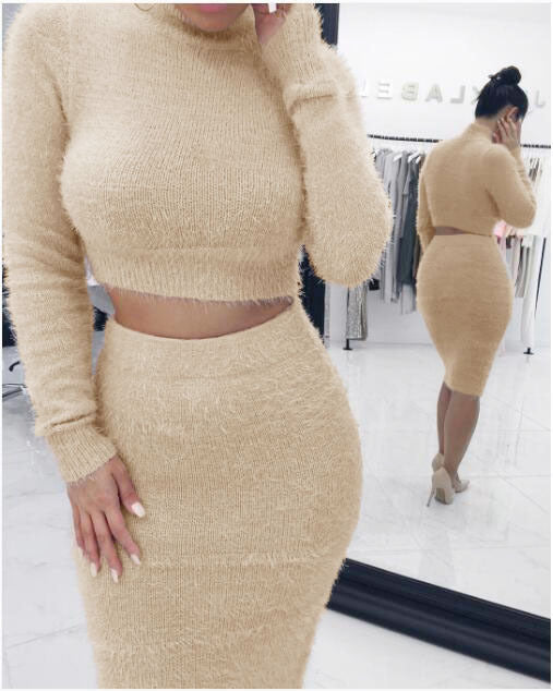 Fashion solid color long sleeve women's autumn and winter two-piece sweater