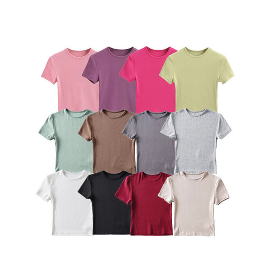 New Basic Style Slim-fit Solid Color Round Neck Bottoming Shirt Workout Top