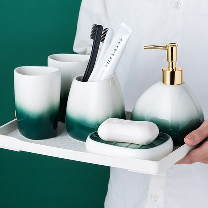 Washing suit couple brushing teeth and mouthwash cup
