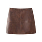 Women's Retro Lapels Long-sleeved Zipper Leather Jacket Skirt