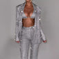 3pcs Shiny Long-sleeved Suit With Bra Lapel Blazer And Straight-leg Trousers Fashion Party Jacket Set For Women Clothing