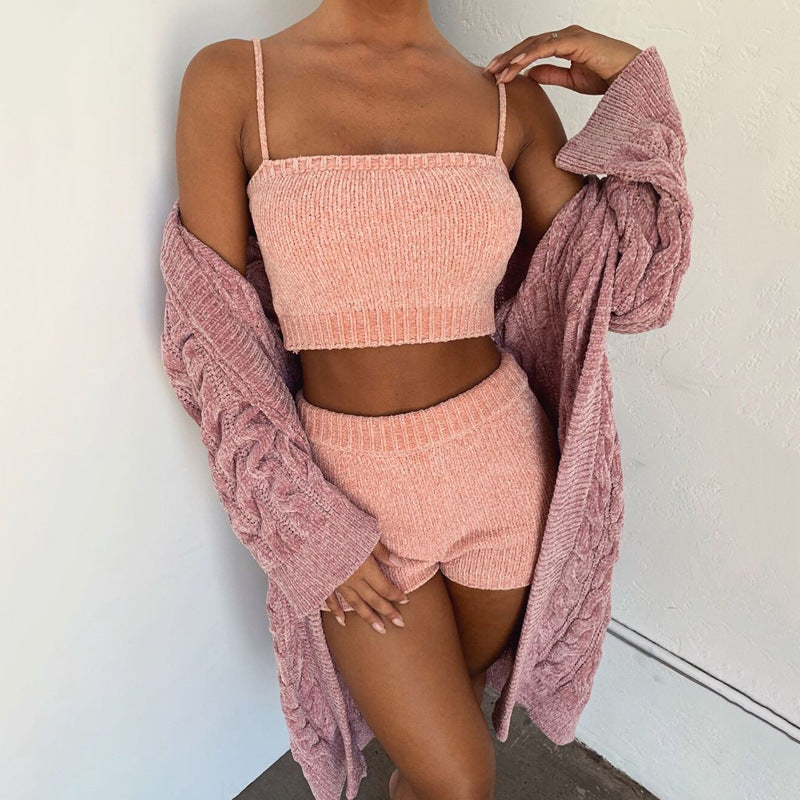 Top shorts knitted sweater solid color suit