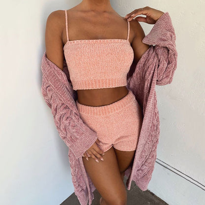 Top shorts knitted sweater solid color suit