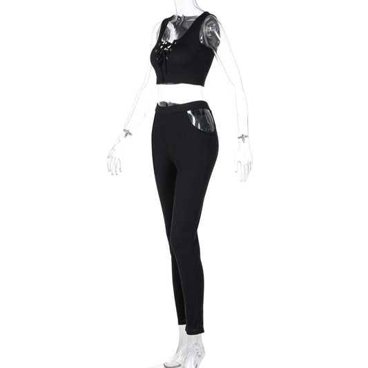 Ladies Collar Off Shoulder Vest Cutout Trousers Suit