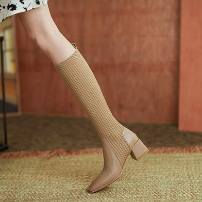 Retro Women's Autumn And Winter Thick-heeled Knit Slimming Boots