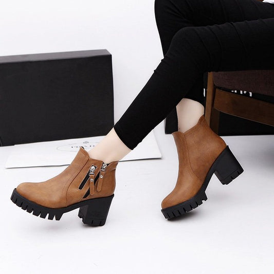 Mid-heel Chunky Heel Round Toe Temperament Side Zipper Short Boots