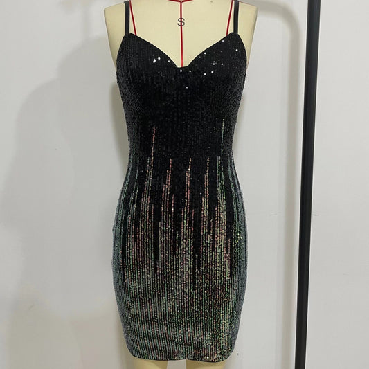 Hem Colored Beads Slim Strap Backless Dress