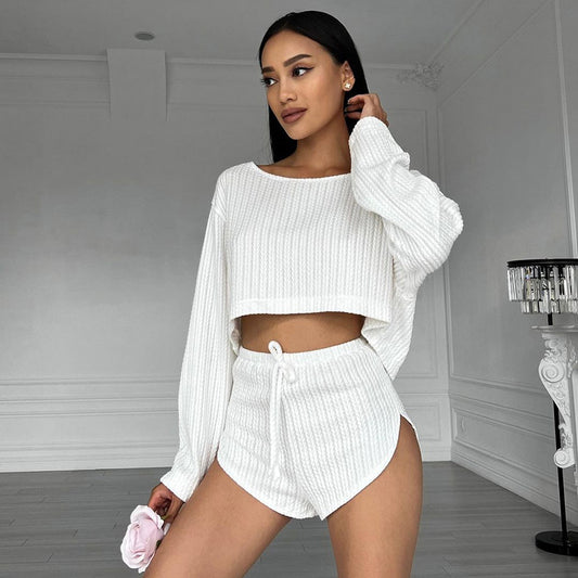 Polyester Women's Summer Long Sleeve Shorts Pajamas Suit