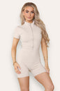 Zip Front Cap Sleeves Ribbed Unitard Shorts Set