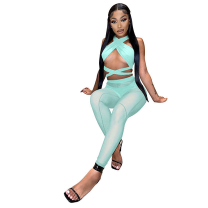 Women's Hollow Halter Cross Mesh Panel Three Piece Set