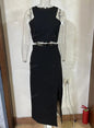 Solid Color Round Neck Sleeveless Top High Waist Slit Skirt Suit